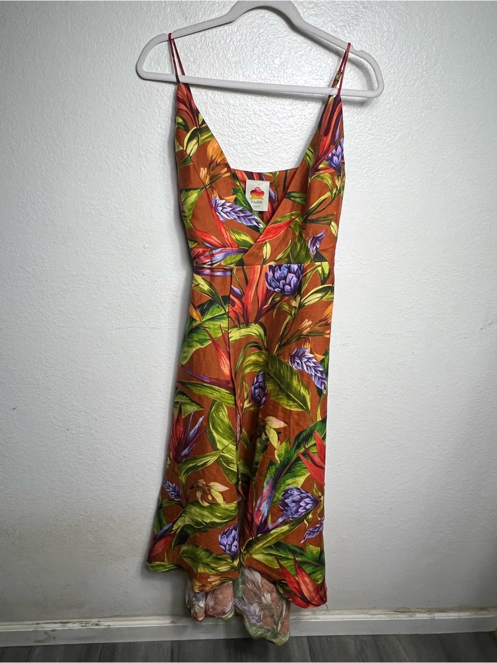 Farm Rio Florart Linen Sleeveless
Plunge Midi Wrap Dress Multi Color Brown M NWT - Picture 7 of 16